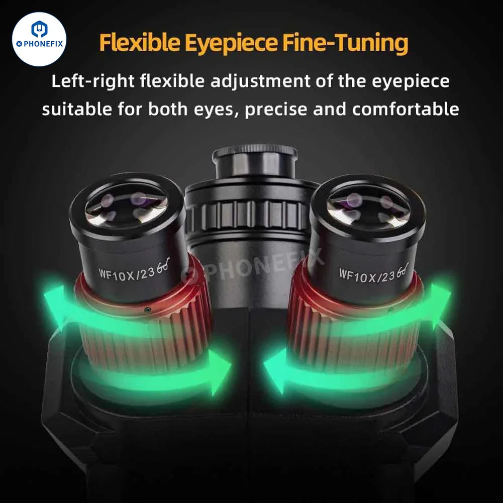 PHONEFIX YCS 7060X 7X-60X trinocular stereo microscope with electric zoom, used for detailed viewing of small objects.