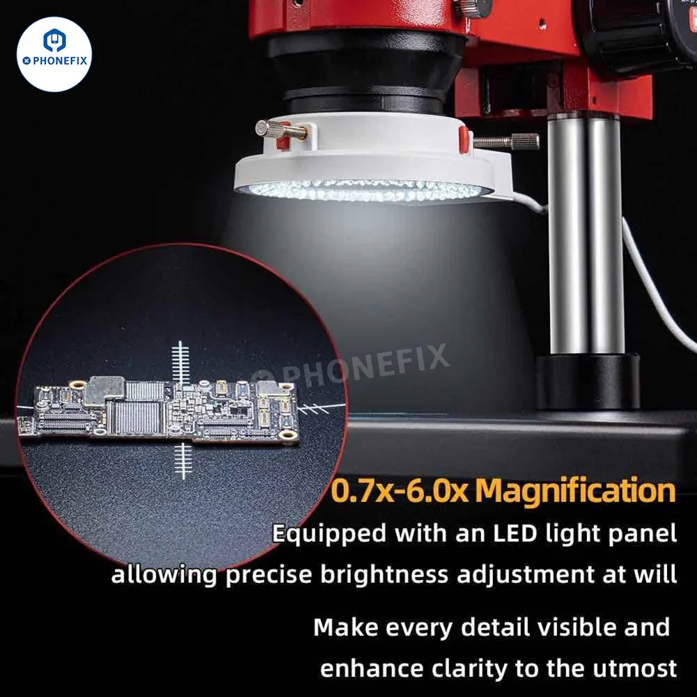 PhoneFix YCS 7060X 7X-60X trinocular stereo microscope with electric illumination and zoom lens, used for detailed inspection.