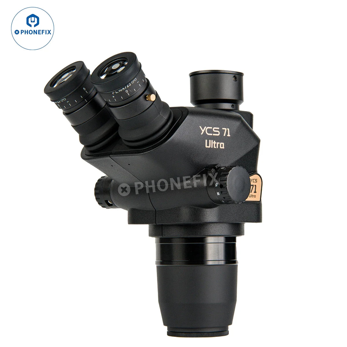 Microscopio eléctrico trinocular YCS 71 Ultra 6.7X-45X para reparación de soldadura de teléfonos, con zoom ajustable y cámara integrada para una visualización detallada.