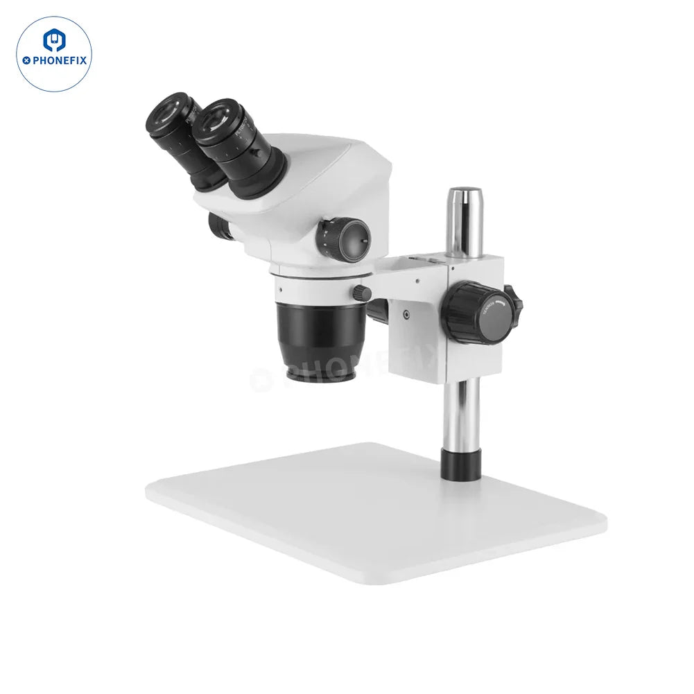 PHONEFIX ZM-6552TH binocular stereo zoom microscope with trinocular head, 0.65X-5.2X magnification, ideal for detailed microscopy.