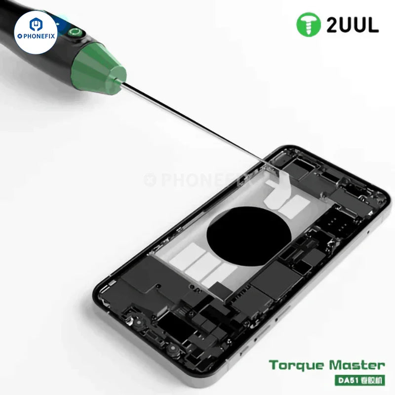 PHONEFIX 2UUL DA51 Torque Master electric power tool used for phone PCB and screen OCA glue removal, shown in a close-up image.