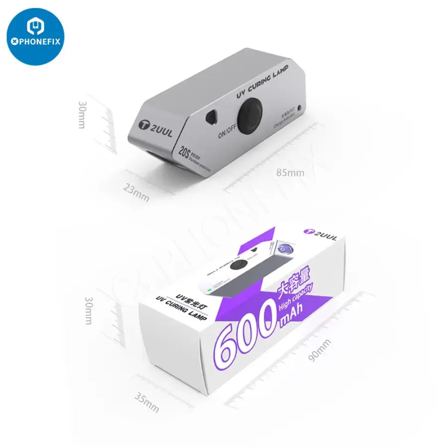 2UUL SC05 UV curing lamp light for motherboard repair, PHONEFIX electric power tool, close-up of device emitting ultraviolet light