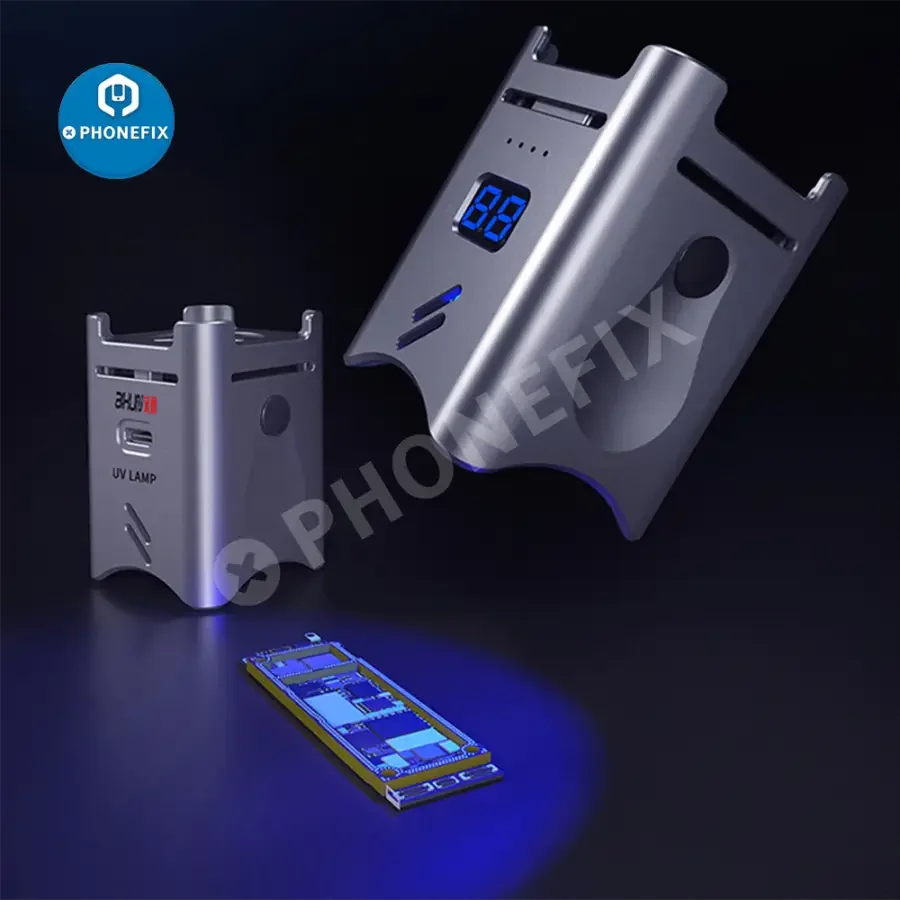 Aixun UV curing lamp with fan and green oil, electric power tool from PHONEFIX for UV glue curing, shown with a sleek design.
