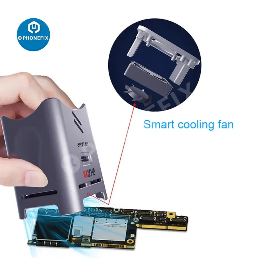 Aixun UV curing lamp with fan from PHONEFIX, green oil UV glue curing tool, electric power tool for UV adhesive curing.