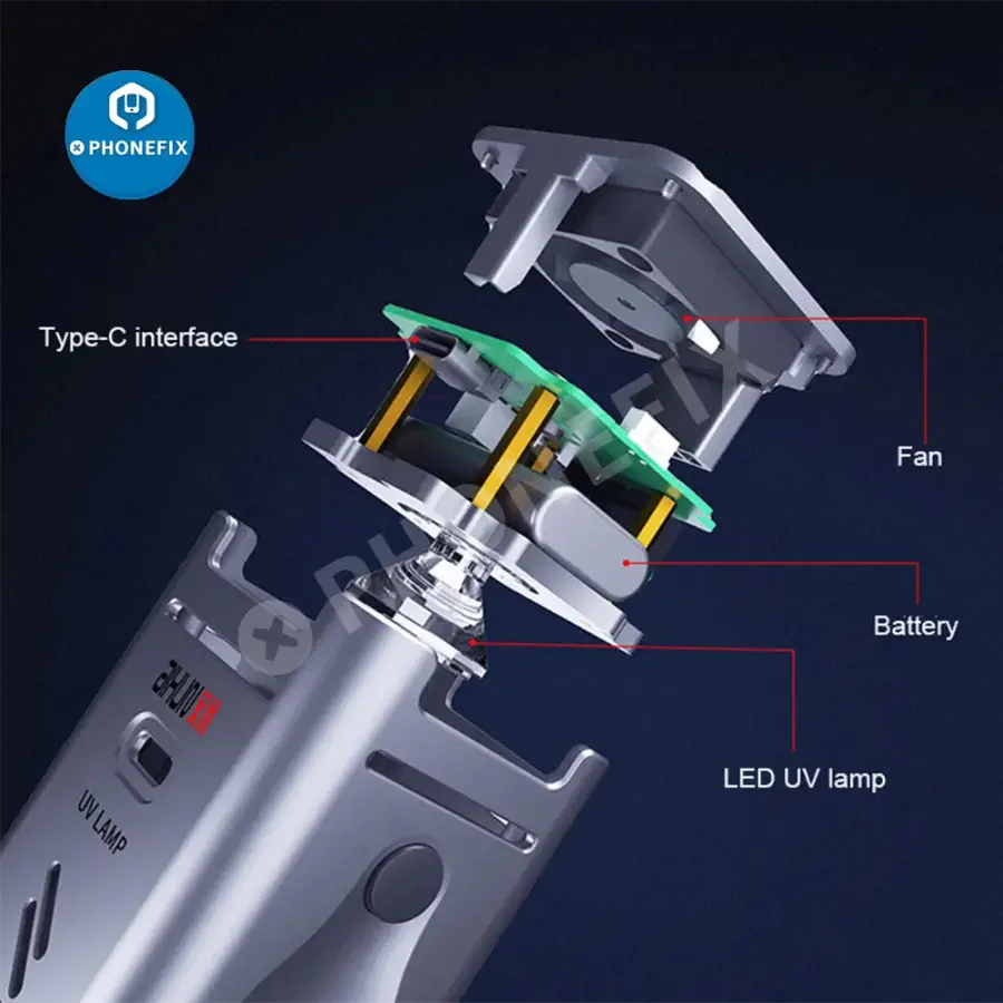 Aixun UV curing lamp with fan by PHONEFIX, green oil UV glue curing tool for electronic repairs and precise UV light application.