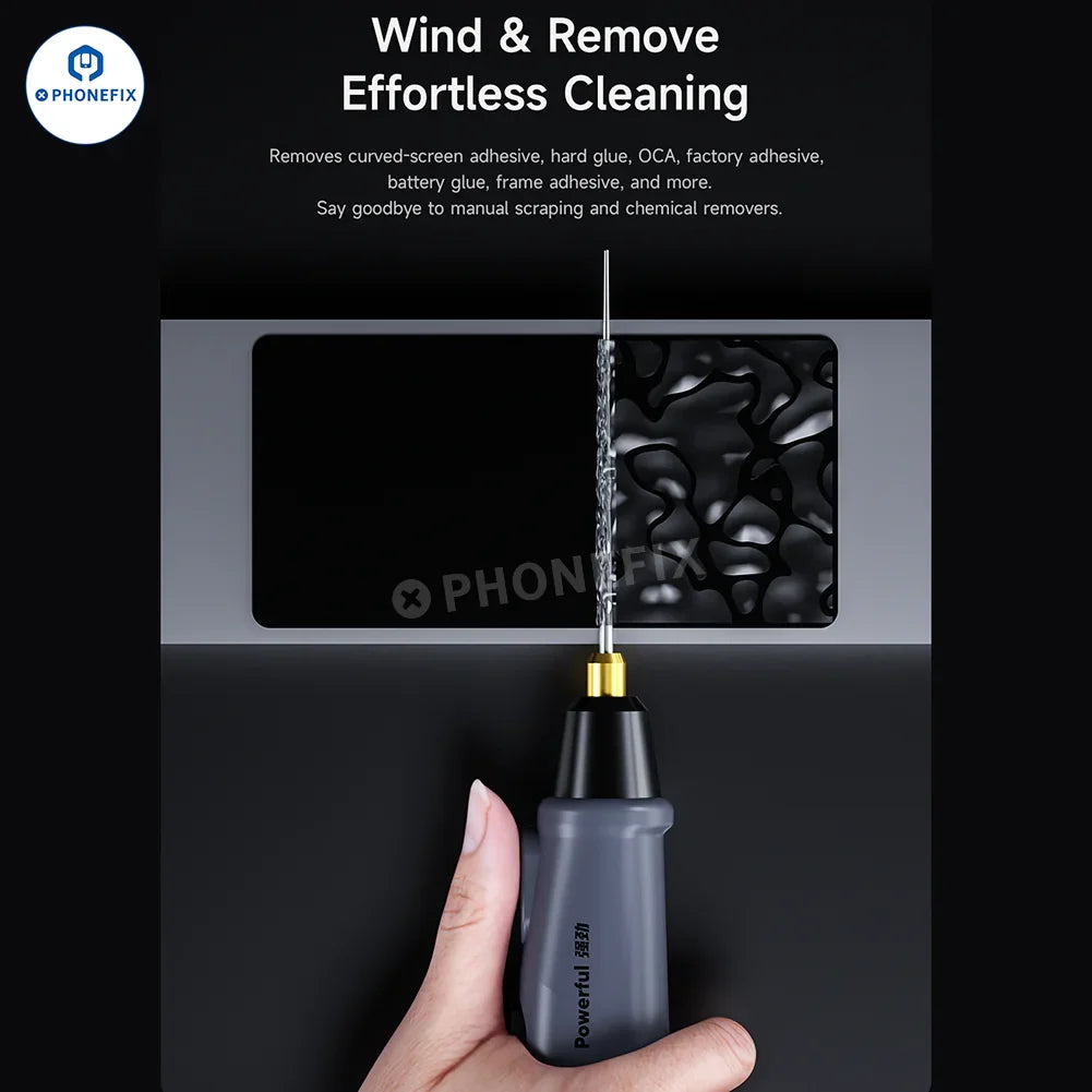 PHONEFIX MECHANIC Bull One high torque electric glue remover for screen repair, showing the tool with a trigger and removable tip.