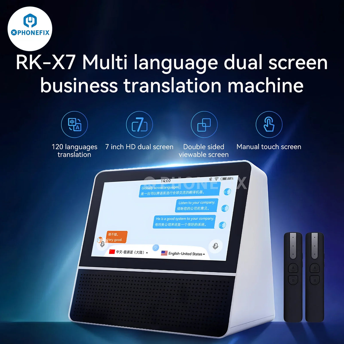 PHONEFIX RK-X7 multi-language translator with dual screens, compact electric tool for business translation and language conversion.