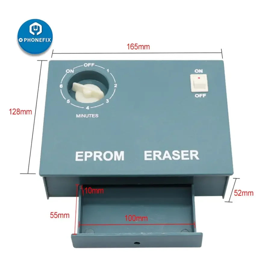 Electric ultraviolet EPROM eraser by PHONEFIX for erasing data from universal EPROM chips using UV light.