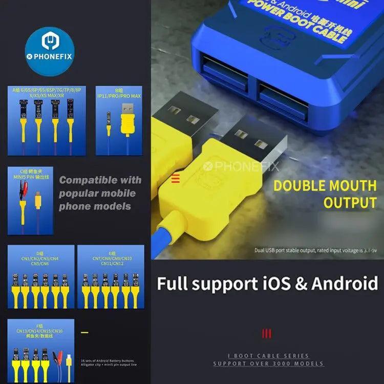 iSupply Mini Power Supply Boot Cable by PHONEFIX for iPhone and Android, used for charging and data transfer.