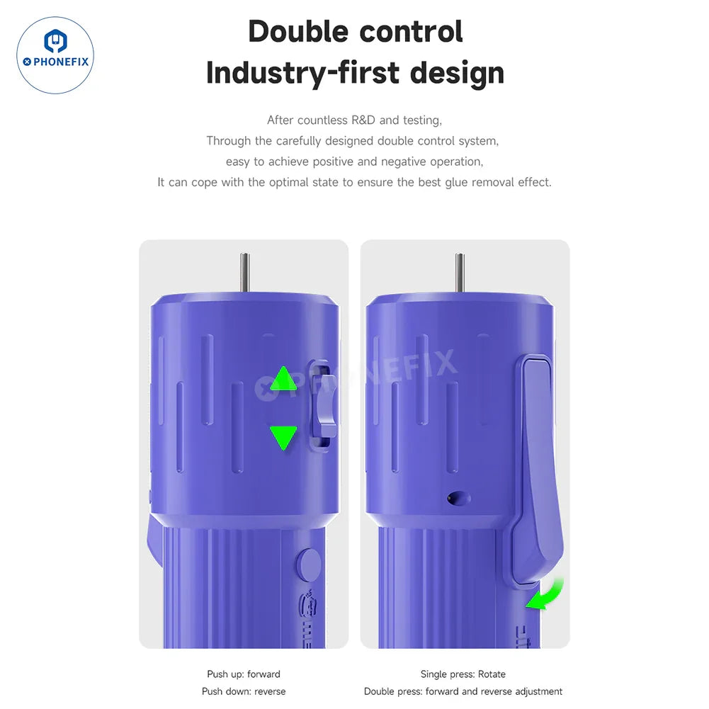 PhoneFix electric mechanic OCA glue remover tool with grinding and polishing features, equipped with a green lamp for precision.