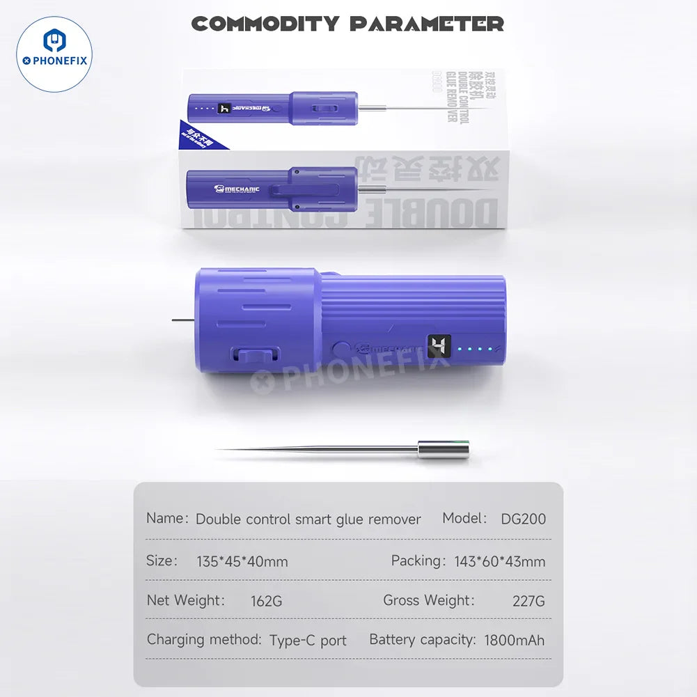 PHONEFIX electric mechanic OCA glue remover with grinding and polishing tools, green lamp for precise screen repair.