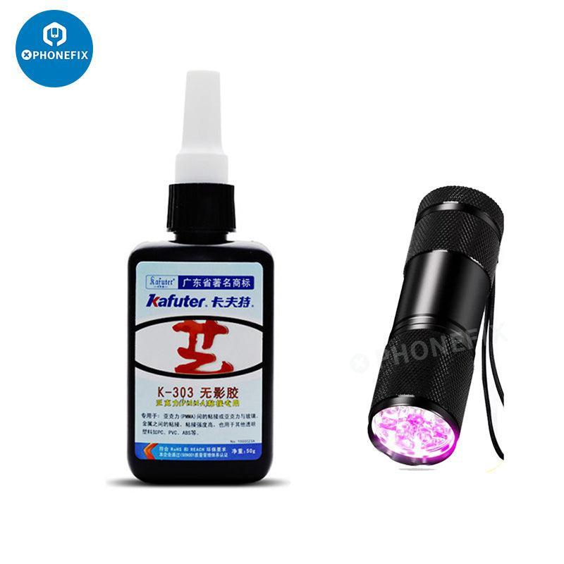 PHONEFIX K-303 transparent UV glue curing adhesive with 9/51 LED UV flashlight, electric power tool for precise bonding.
