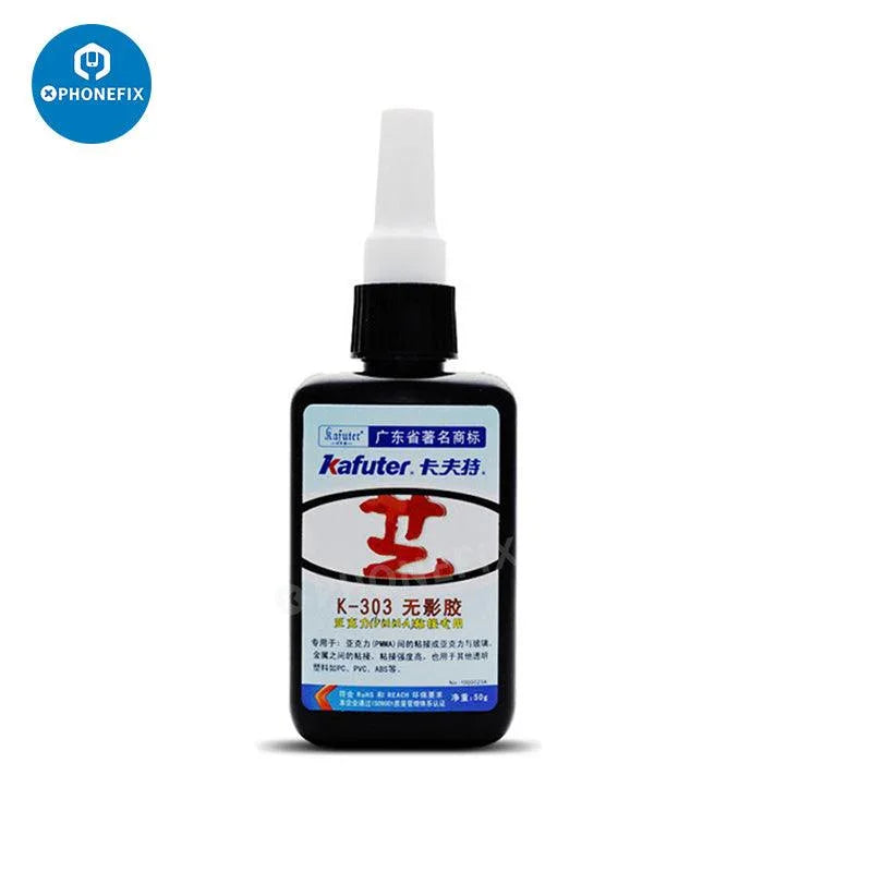 PHONEFIX K-303 transparent UV glue curing adhesive with 9/51 LED UV flashlight, electric power tool for precise bonding.