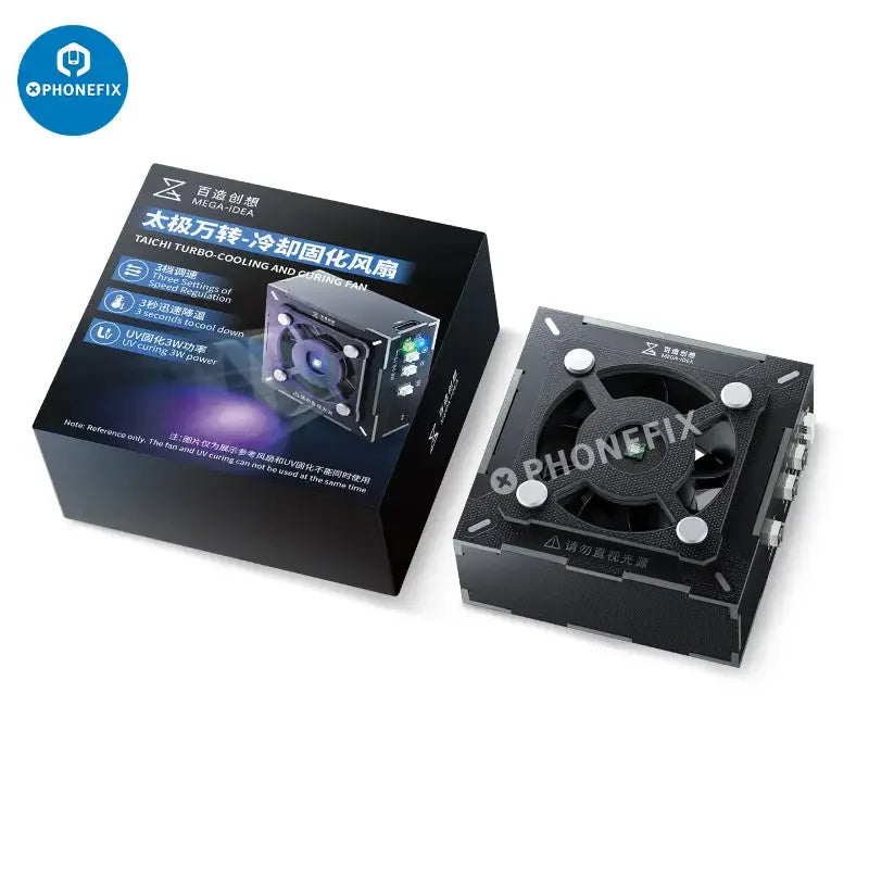 Qianli MEGA-IDEA Turbo Cooling Curing Fan for motherboard chip repair, electric power tool by PHONEFIX, shown in use.