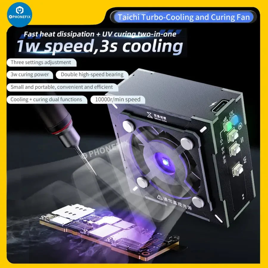 Qianli MEGA-IDEA Turbo Cooling Curing Fan for motherboard chip repair, electric power tool by PHONEFIX, used for electronics repair.