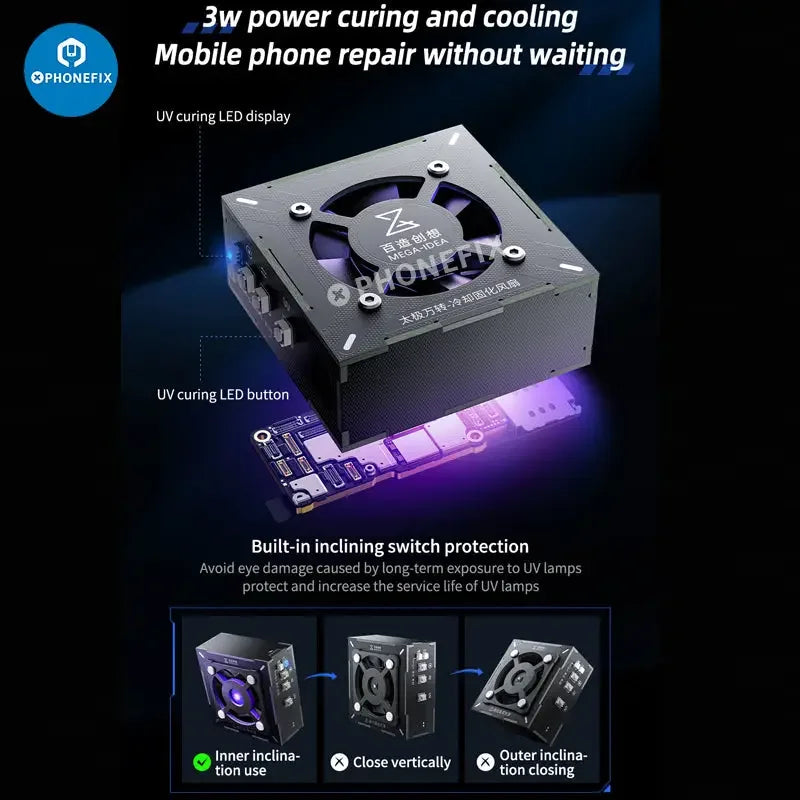 Qianli MEGA-IDEA Turbo Cooling Curing Fan for motherboard chip repair, electric power tool by PHONEFIX, with ventilation fins.