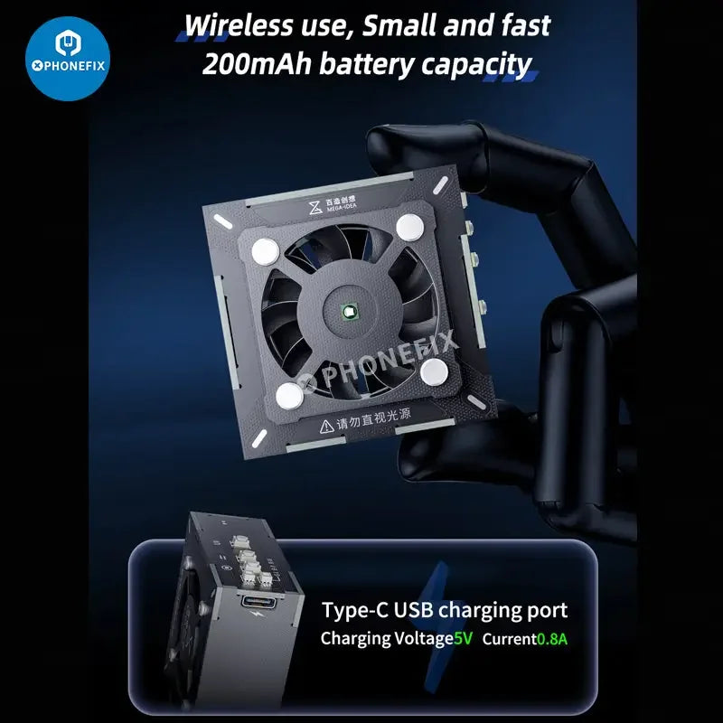 Qianli MEGA-IDEA Turbo Cooling Curing Fan for motherboard chip repair, electric power tool by PHONEFIX, used for electronics repair.