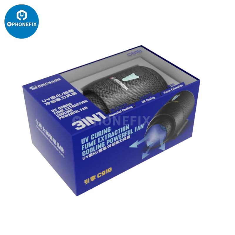 PHONEFIX Qianli MEGA-IDEA Turbo Cooling Curing Fan for motherboard chip repair, electric power tool used in electronics repair.