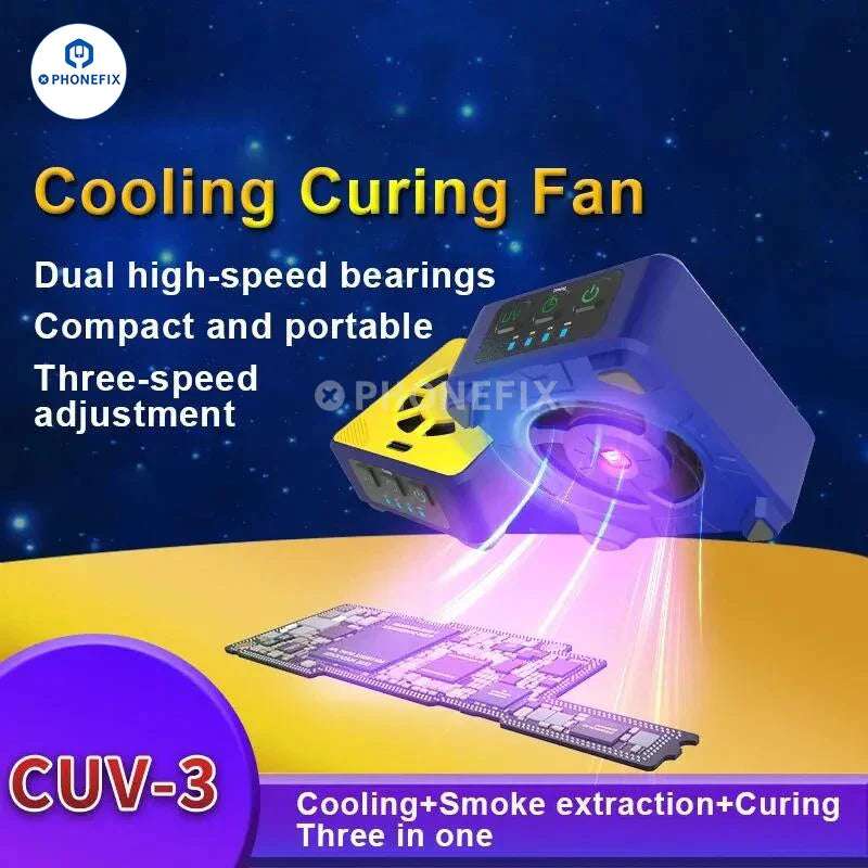 PHONEFIX Qianli MEGA-IDEA Turbo Cooling Curing Fan for motherboard chip repair, electric power tool with cooling feature.