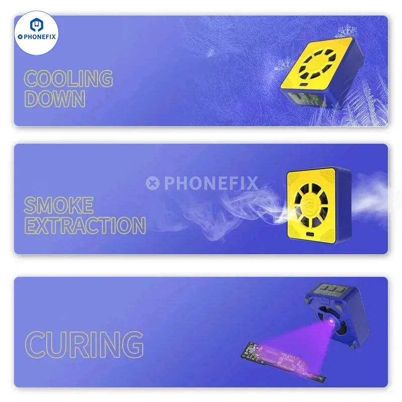 Qianli MEGA-IDEA Turbo Cooling Curing Fan for motherboard chip repair, electric power tool by PHONEFIX, with cooling fan and repair components.