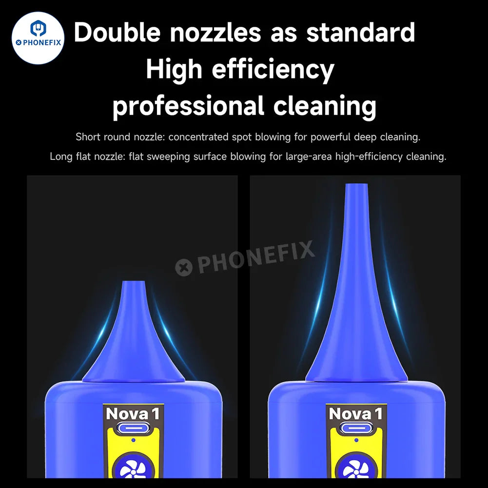 PhoneFix MECHANIC Nova 1 electric dust removal and cooling blower, compact power tool with a nozzle for cleaning and cooling.