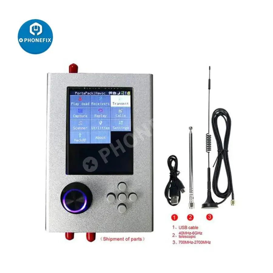 Phonefix PortaPack H2 SDR radio kit with HackRF One, antenna, and case, covering 1MHz to 6GHz, fully assembled for electronic testing