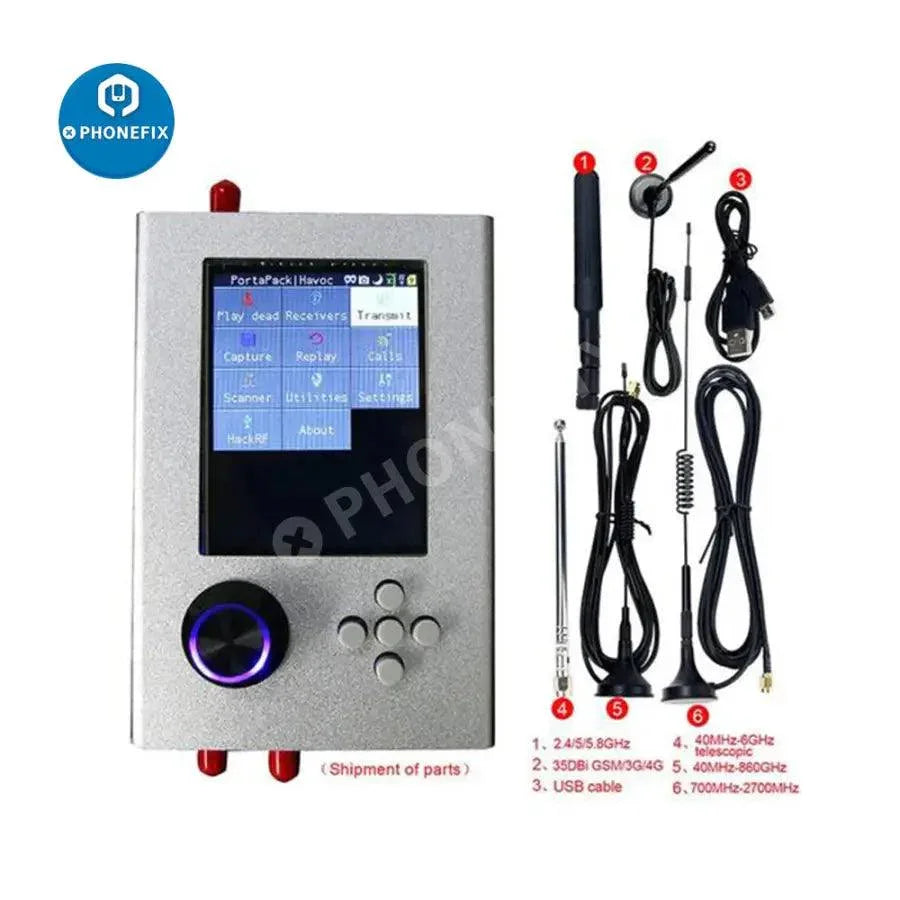 3.2" PortaPack H2+ HackRF One SDR radio kit with antenna and case, covering 1MHz to 6GHz, assembled by PHONEFIX.