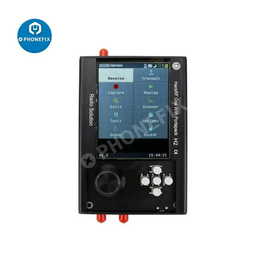 PhoneFix PortaPack H2 SDR radio kit with HackRF One, antenna, and case, covering 1MHz to 6GHz, assembled for electric power tools.