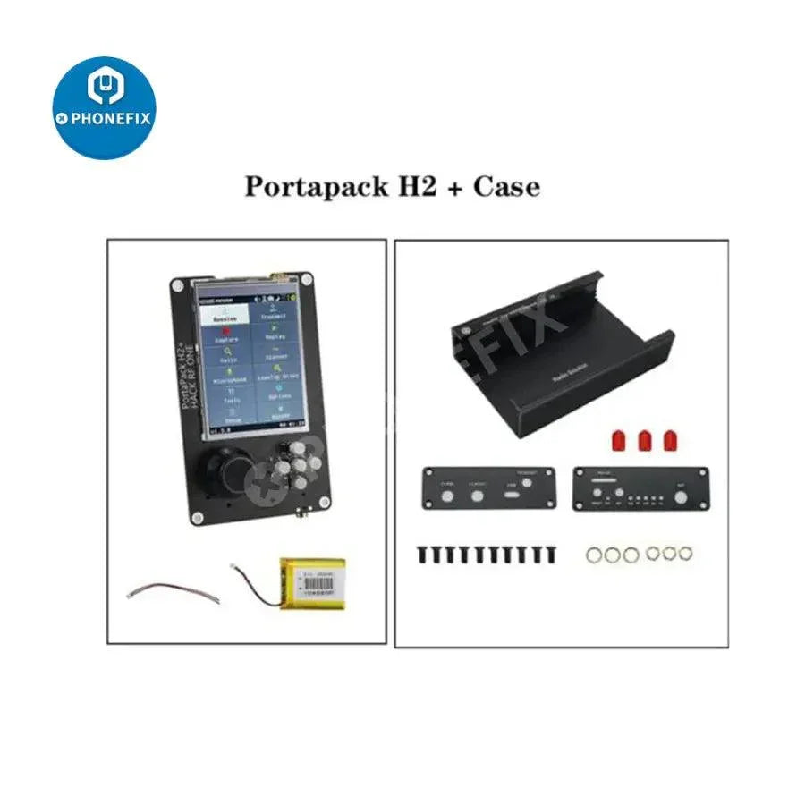 Phonefix PortaPack H2+ SDR radio kit with HackRF One, antenna, and case, covering 1MHz to 6GHz for versatile radio communication.