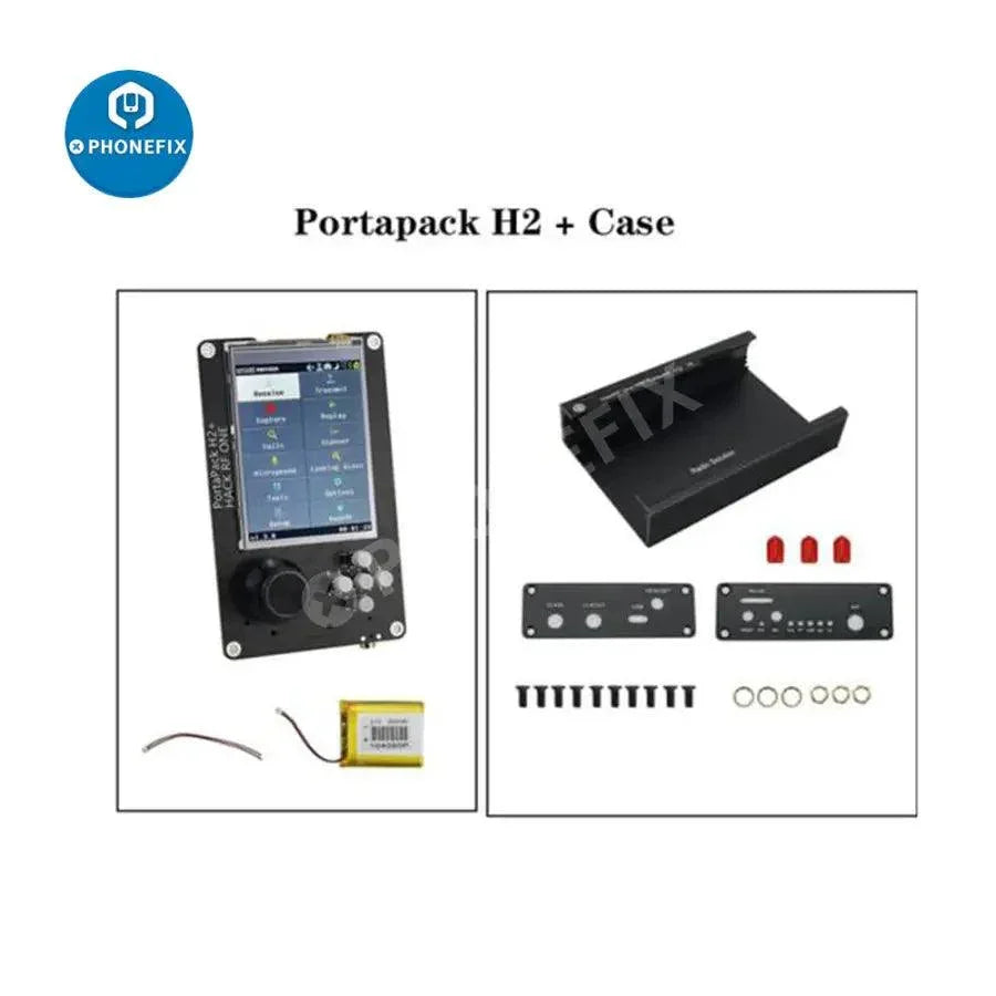 PhoneFix PortaPack H2+ SDR radio kit with HackRF One, antenna, and case, covering 1MHz to 6GHz, assembled for electric power tool use.