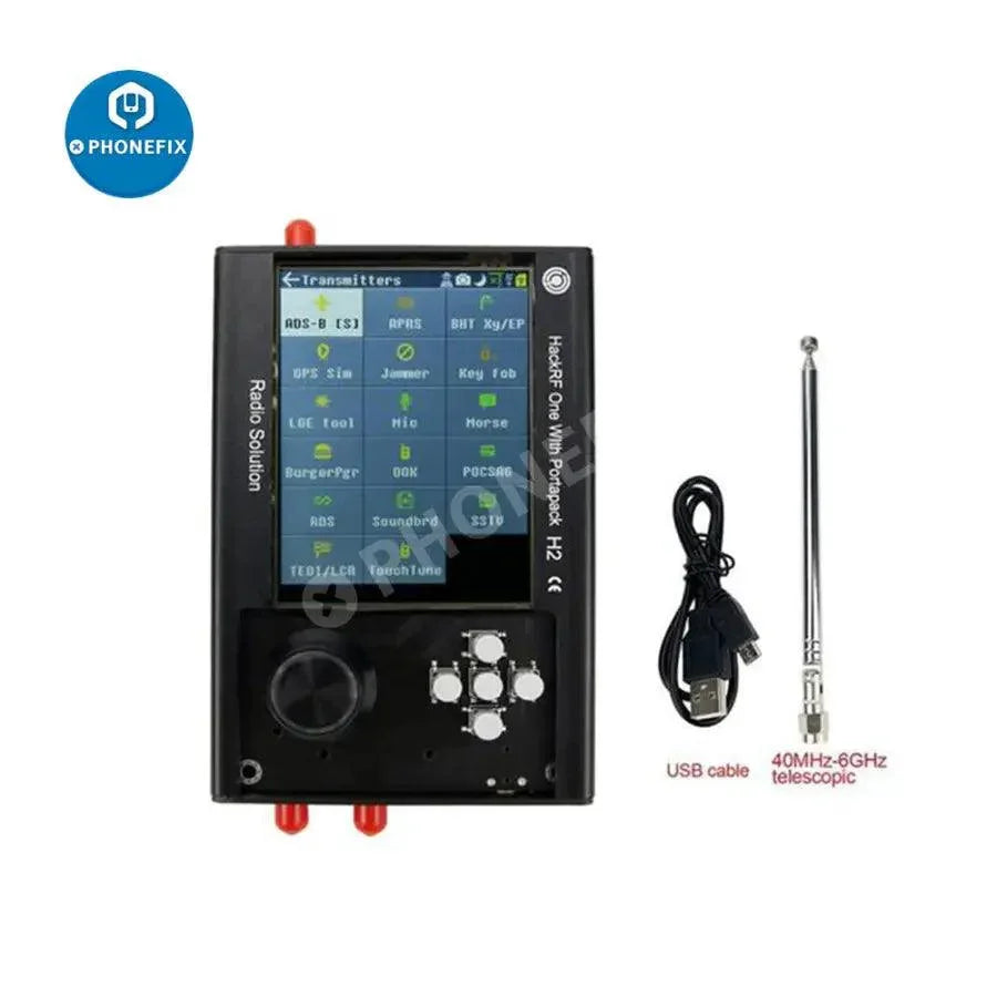 3.2-inch PortaPack H2 with HackRF One SDR radio, antenna, and case kit, covering 1MHz to 6GHz, assembled by PHONEFIX.