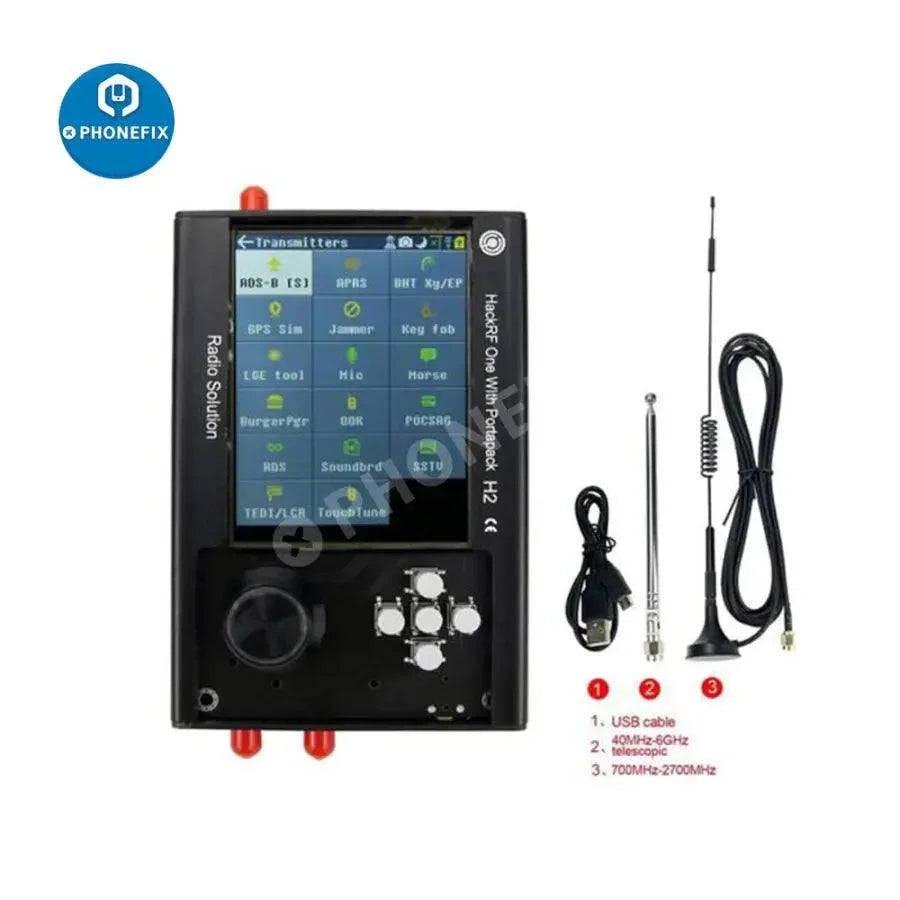 PhoneFix PortaPack H2+ HackRF One SDR radio kit with antenna and case, covering 1MHz to 6GHz, assembled electric power tool.