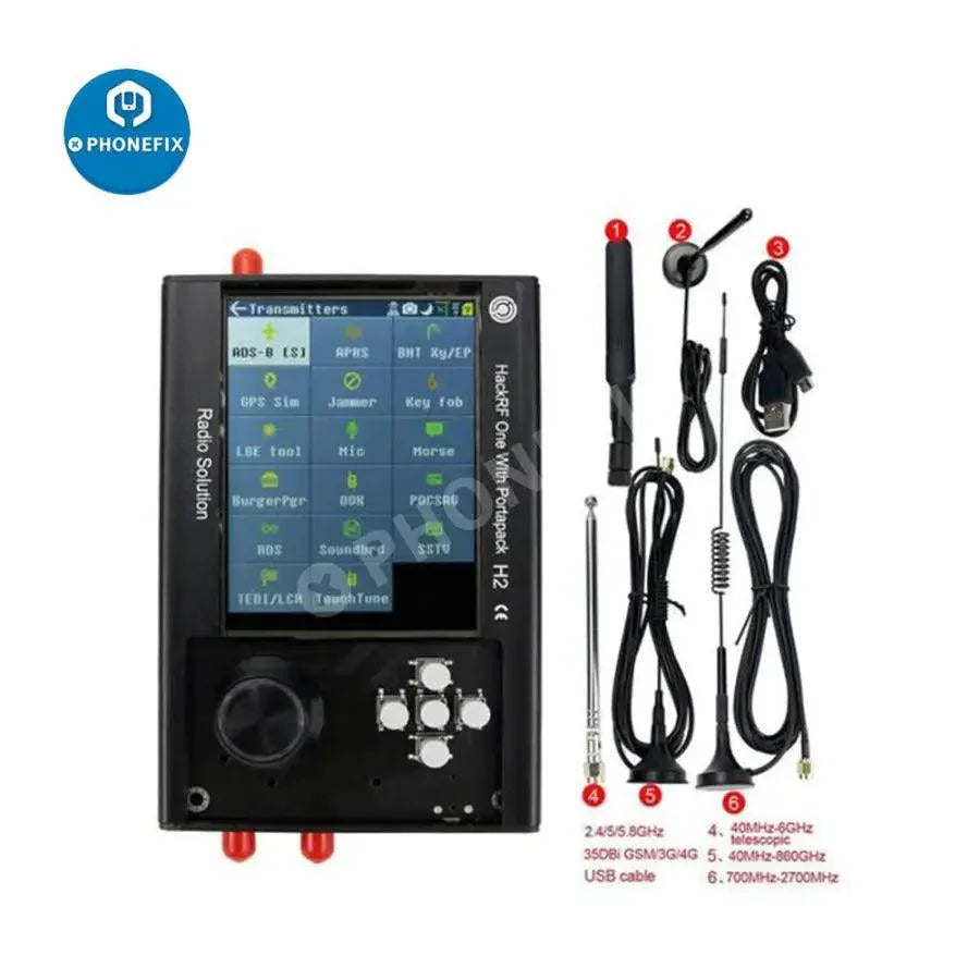 PhoneFix PortaPack H2+ SDR radio kit with HackRF One, antenna, and case, covering 1MHz to 6GHz, assembled for versatile radio use.