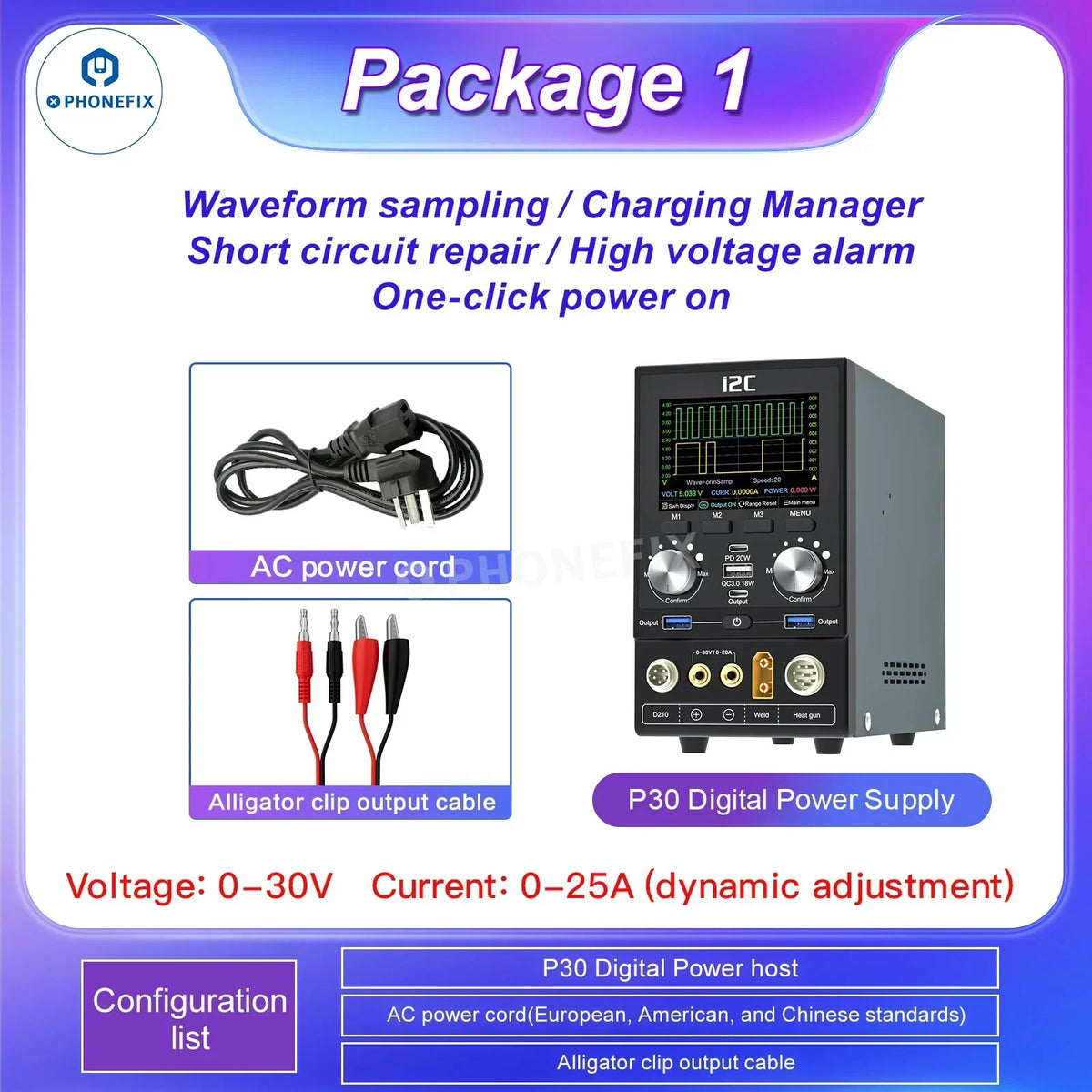 PhoneFix i2C P30 P30S digital DC power supply for phone repair on multi-function repair platform with display and controls