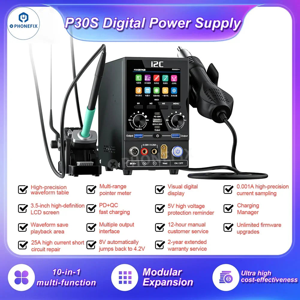 PhoneFix i2C P30 P30S digital DC power supply for phone repair, multi-function repair platform with display and controls