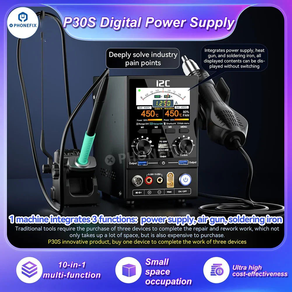 PHONEFIX i2C P30S digital DC power supply for phone repair, featuring multi-function controls and a compact platform.