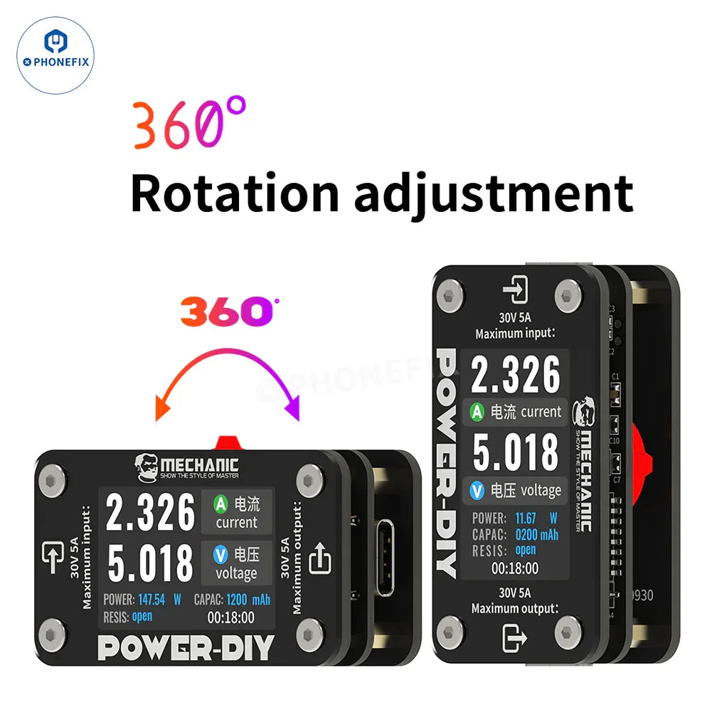 PHONEFIX digital ammeter for mechanics, showing voltage and current readings on a compact electric power tool.