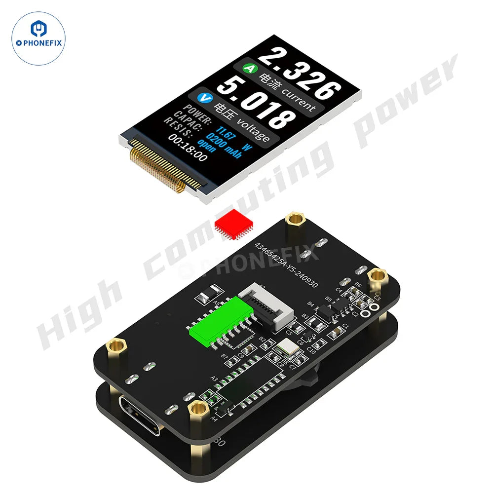 PHONEFIX digital ammeter for mechanics, displaying voltage and current measurements on an electric power tool tester.