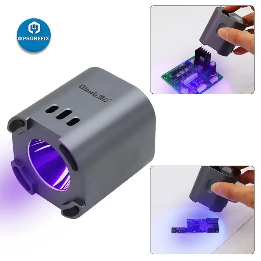 Qianli iUV intelligent UV curing lamp with green oil LED and purple light, used as an electric power tool for phone repair.