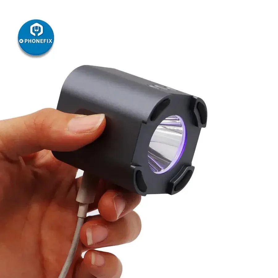 Qianli iUV Intelligent UV Curing Lamp from PHONEFIX with green oil LED purple light, used for precision UV curing in electronic repairs.