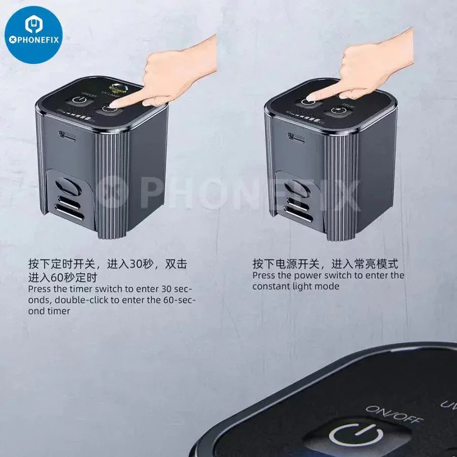 Qianli iUV Intelligent UV curing lamp with green oil LED purple light, used for electronic repairs, by PHONEFIX.