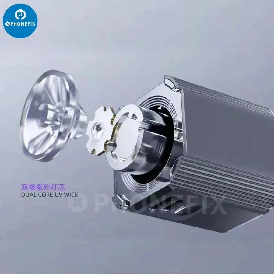 Qianli iUV intelligent UV curing lamp with green oil LED and purple light, used for electronic repairs, by PHONEFIX.