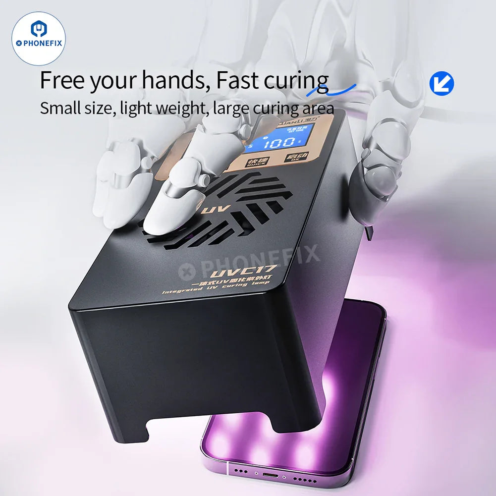PHONEFIX QianLi UVC17 digital UV curing lamp for phone screen repair, electric power tool with UV light for precise curing.