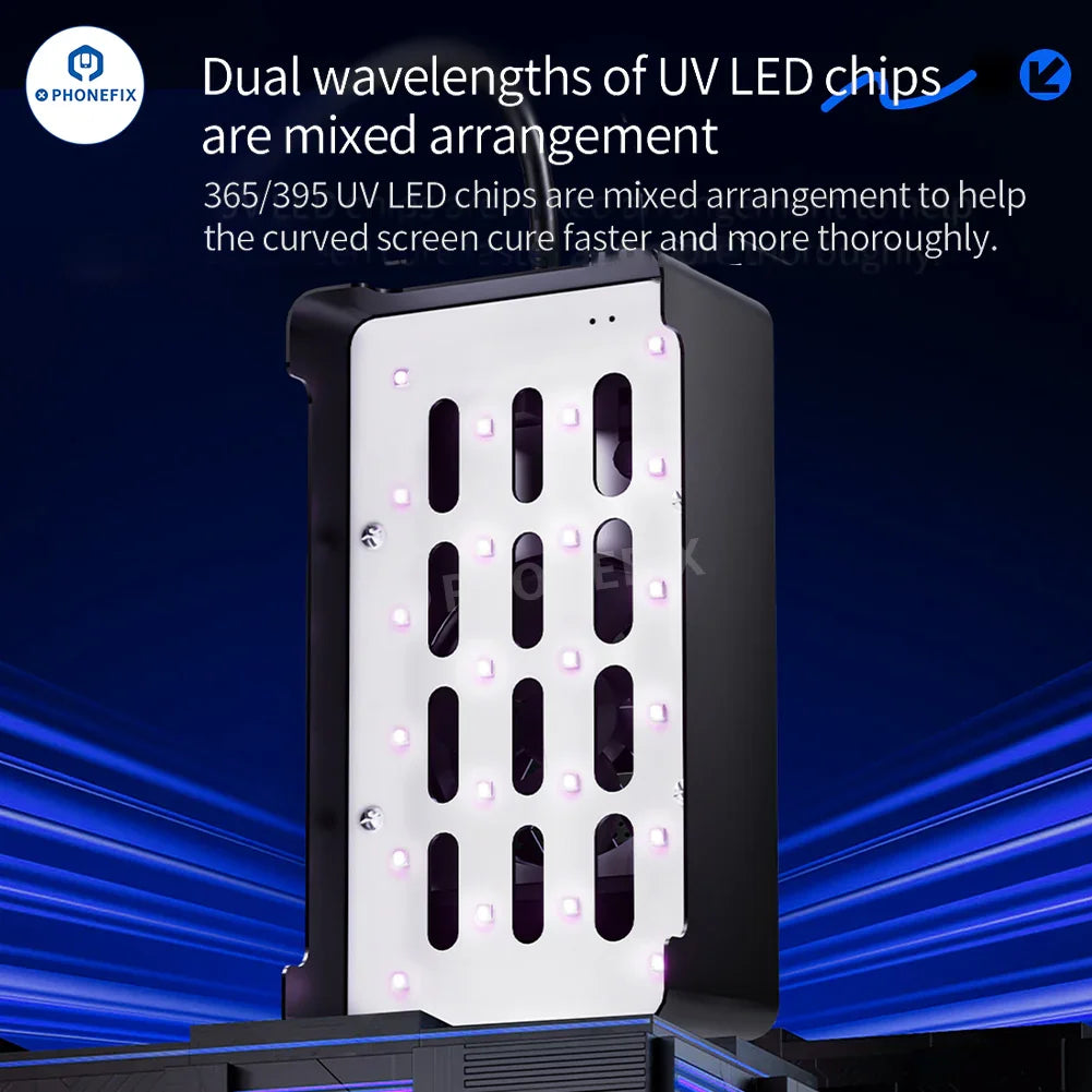 QianLi UVC17 digital UV curing lamp for phone screen repair by PHONEFIX, electric power tool with UV light for curing screens.