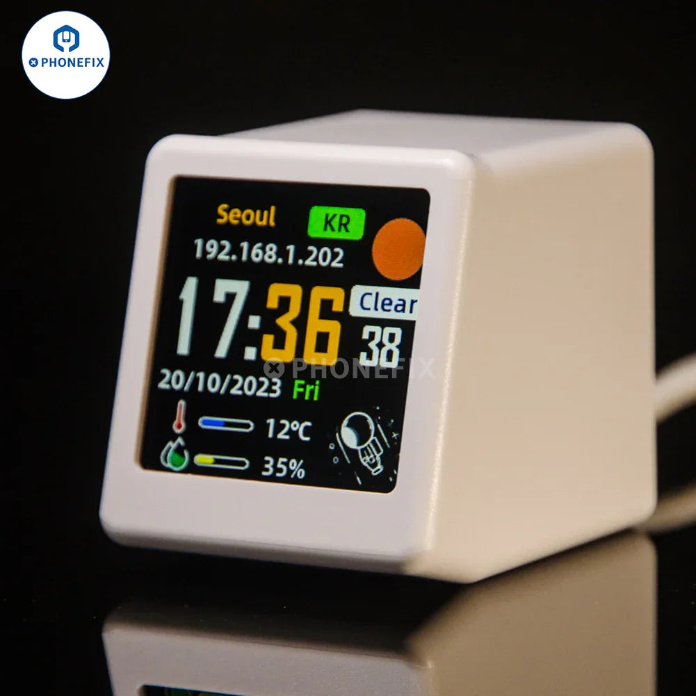 PHONEFIX GeekMagic WIFI digital clock weather station displaying Bitcoin and stock market updates on an electric power tools device.
