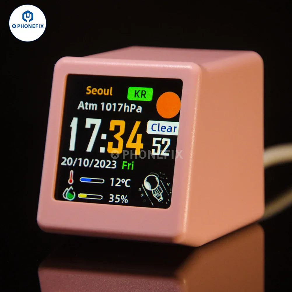 PHONEFIX GeekMagic WIFI digital clock weather station displaying Bitcoin and stock market data on an electric power tools interface.