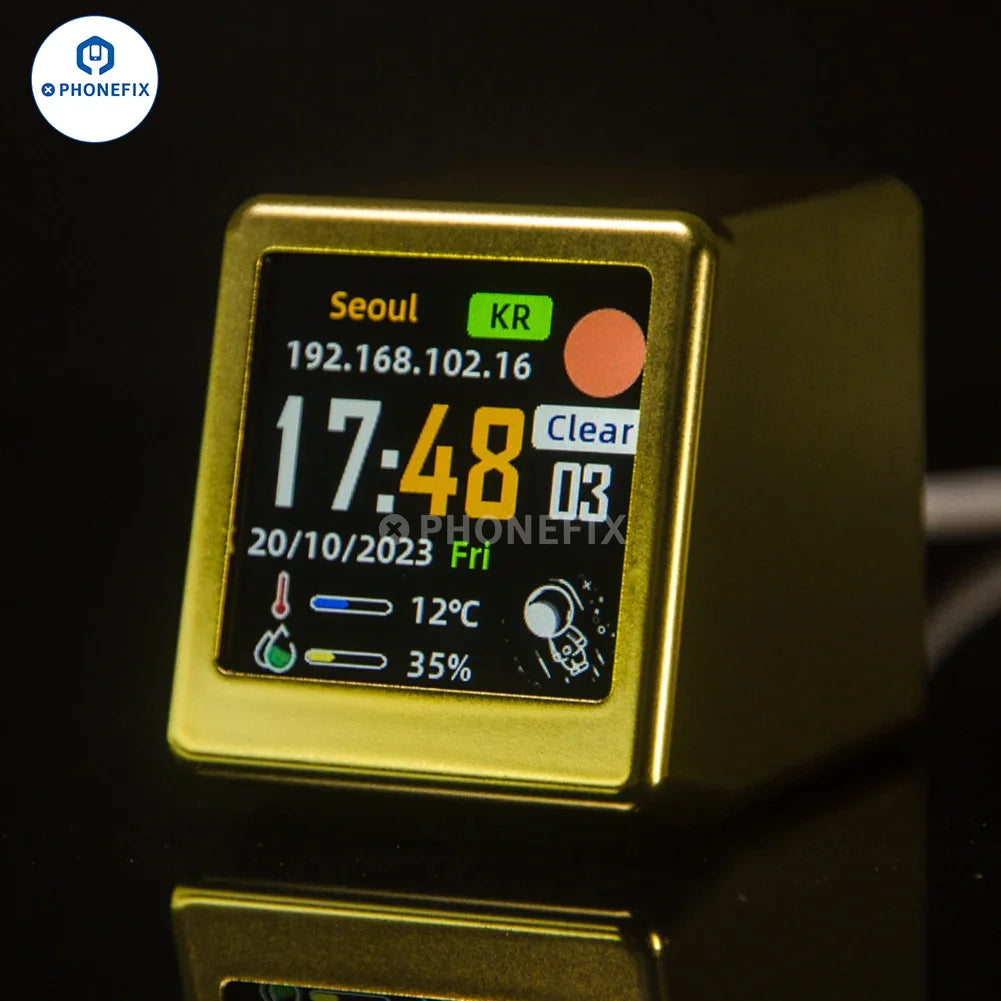 PHONEFIX GeekMagic WIFI digital clock weather station with Bitcoin and stock display, showing time and weather information.