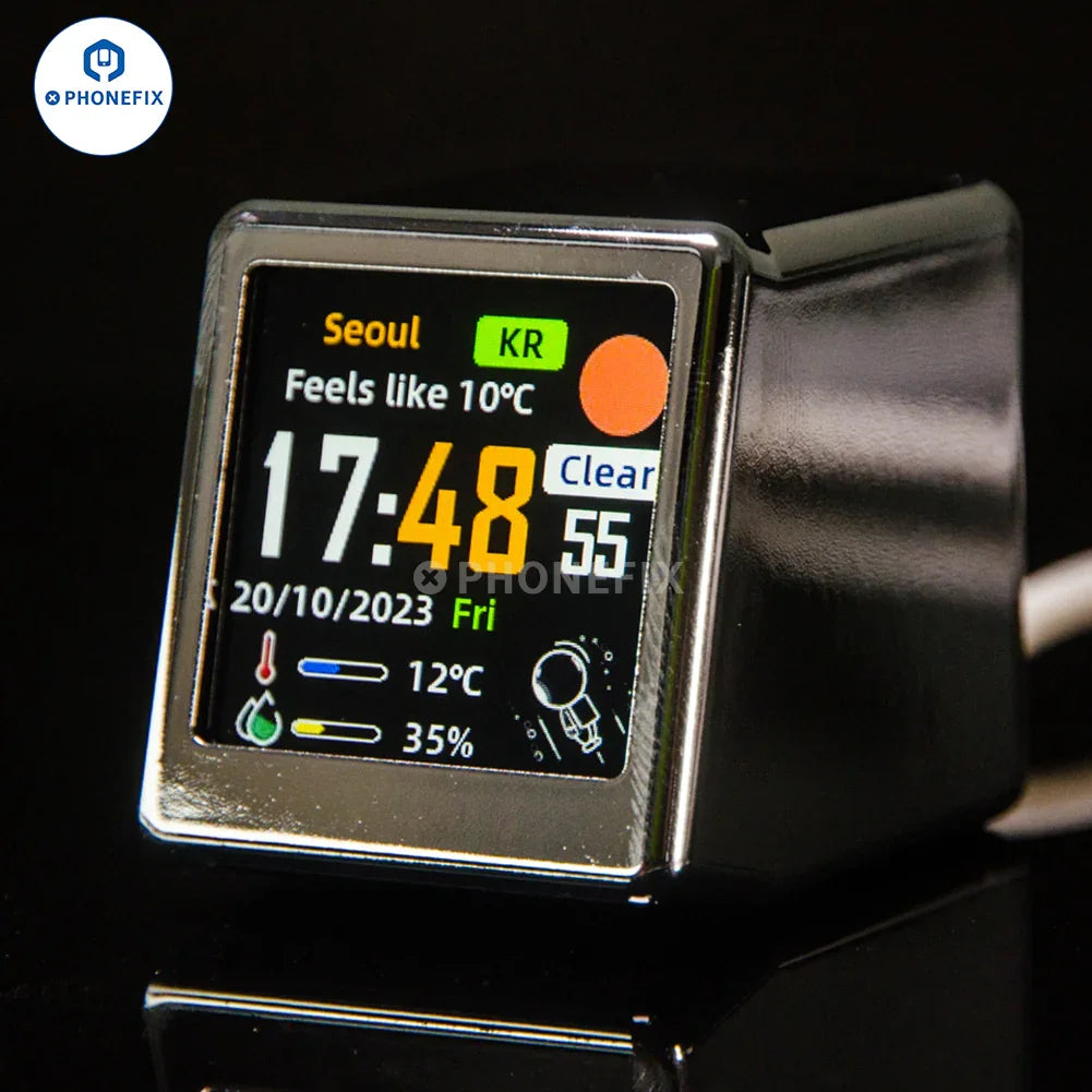 PHONEFIX GeekMagic WIFI digital clock weather station displaying Bitcoin and stock prices on an electric power tools device.