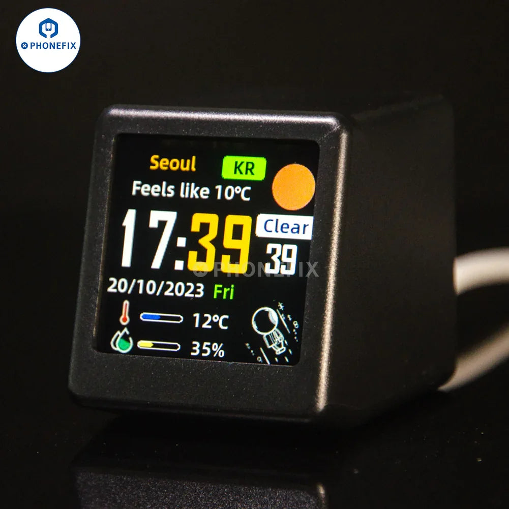 PHONEFIX GeekMagic WIFI digital clock weather station displaying Bitcoin and stock market data on an electric power tools device.