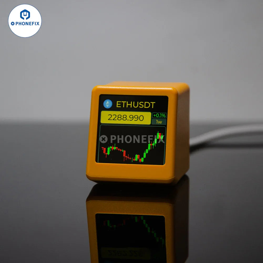 PHONEFIX GeekMagic WIFI digital clock weather station displaying Bitcoin and stock market data on an electric power tools background.